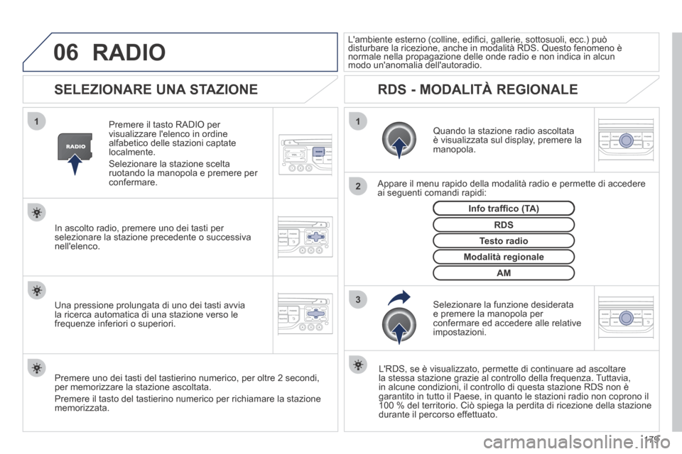 Peugeot 207 CC 2014  Manuale del proprietario (in Italian) 179
06
3 2 1
1
207cc_it_Chap11b_RNEG_ed01-2014
        SELEZIONARE UNA STAZIONE 
  Quando la stazione radio ascoltata è visualizzata sul display, premere la manopola.  
  Appare il menu rapido della 
