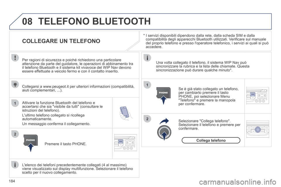 Peugeot 207 CC 2014  Manuale del proprietario (in Italian) 184
08
1
2
2
1
207cc_it_Chap11b_RNEG_ed01-2014
  *    I servizi disponibili dipendono dalla rete, dalla scheda SIM e dalla compatibilità degli apparecchi Bluetooth utilizzati. Veriﬁ care sul manual