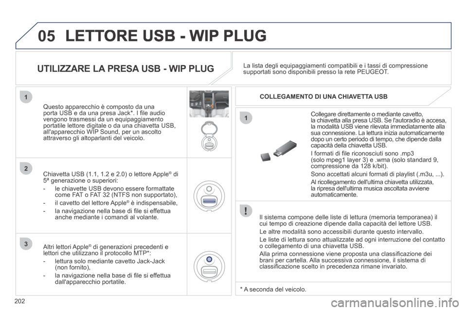 Peugeot 207 CC 2014  Manuale del proprietario (in Italian) 202
05
1
1
2
3
 LETTORE USB - WIP PLUG 
  Il sistema compone delle liste di lettura (memoria temporanea) il cui tempo di creazione dipende dalla capacità del lettore USB. 
 Le altre modalità sono ac