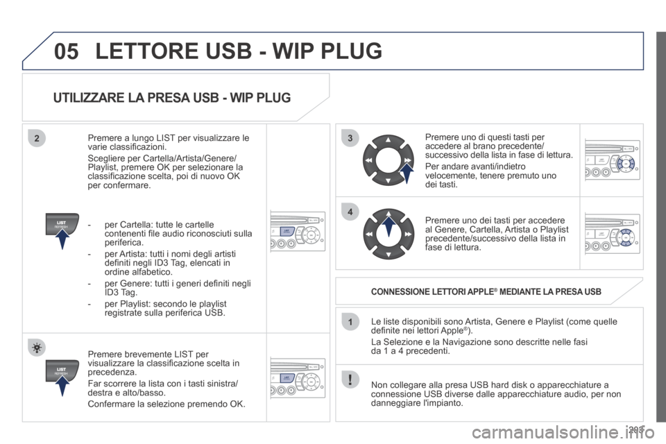 Peugeot 207 CC 2014  Manuale del proprietario (in Italian) 203
3
4
05
2
1
LISTREFRESH
LISTREFRESH
  UTILIZZARE LA PRESA USB - WIP PLUG 
  Premere brevemente LIST per visualizzare la classiﬁ cazione scelta in precedenza. 
 Far scorrere la lista con i tasti s