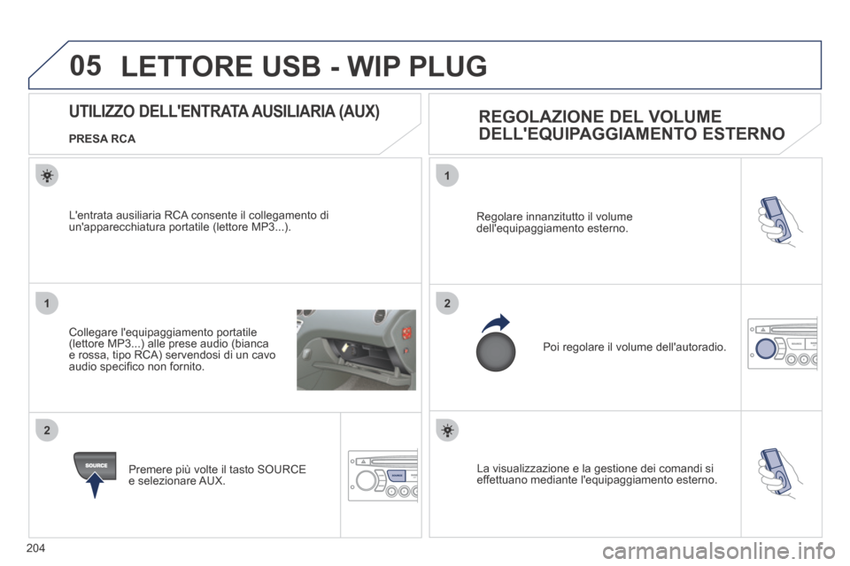 Peugeot 207 CC 2014  Manuale del proprietario (in Italian) 204
05
1
21
2
SOURCE La visualizzazione e la gestione dei comandi si effettuano mediante lequipaggiamento esterno.  
 Regolare innanzitutto il volume dellequipaggiamento esterno. 
 Poi regolare il v