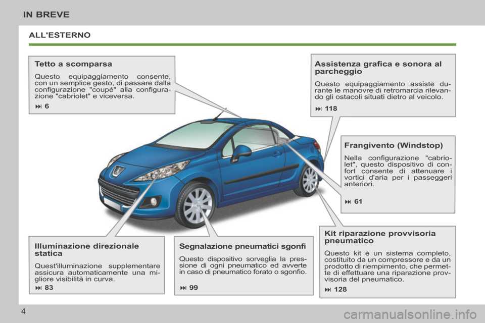 Peugeot 207 CC 2014  Manuale del proprietario (in Italian) 4
IN BREVE
207cc_it_Chap00b_prise en main_ed01-2014
ALLESTERNO 
  Tetto  a  scomparsa 
 Questo equipaggiamento consente, 
con un semplice gesto, di passare dalla 
conﬁ gurazione  "coupé"  alla  co