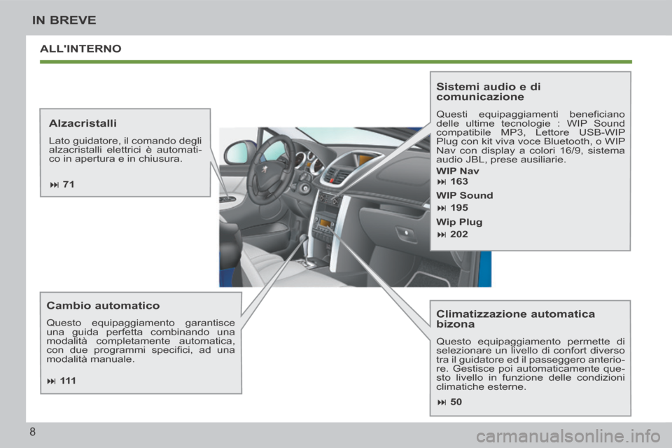 Peugeot 207 CC 2014 Manuale del proprietario (in Italian) 8
IN BREVE
207cc_it_Chap00b_prise en main_ed01-2014
ALLINTERNO
Climatizzazione automatica
bizona
Questo equipaggiamento permette di
selezionare un livello di confort diverso
tra il guidator Peugeot 207 CC 2014 Manuale del proprietario (in Italian) 8
IN BREVE
207cc_it_Chap00b_prise en main_ed01-2014
ALLINTERNO
Climatizzazione automatica
bizona
Questo equipaggiamento permette di
selezionare un livello di confort diverso
tra il guidator