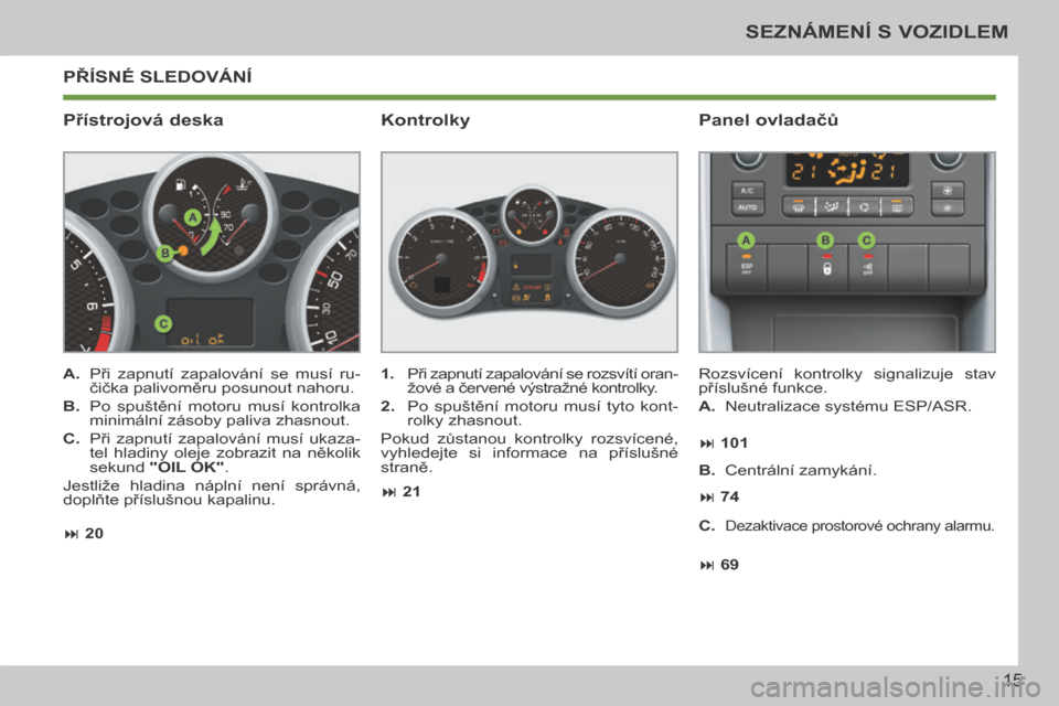 Peugeot 207 CC 2014  Návod k obsluze (in Czech) 15
SEZNÁMENÍ S VOZIDLEM
207cc_cs_Chap00b_prise en main_ed01-2014
 PŘÍSNÉ SLEDOVÁNÍ 
  Přístrojová deska   Panel ovladačů 
  A.   Při  zapnutí  zapalování  se  musí  ru-
čička palivo