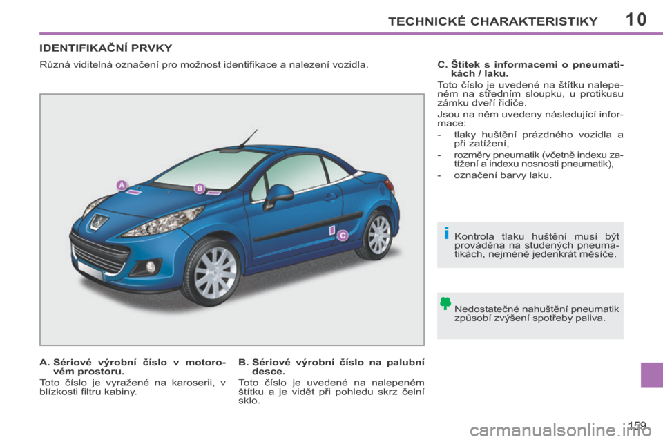 Peugeot 207 CC 2014  Návod k obsluze (in Czech) 10
i
TECHNICKÉ CHARAKTERISTIKY
159
207cc_cs_Chap10_Caracteristiques_ed01-2014
IDENTIFIKAČNÍ PRVKY  
  Nedostatečné nahuštění pneumatik 
způsobí zvýšení spotřeby paliva.      Kontrola  tl