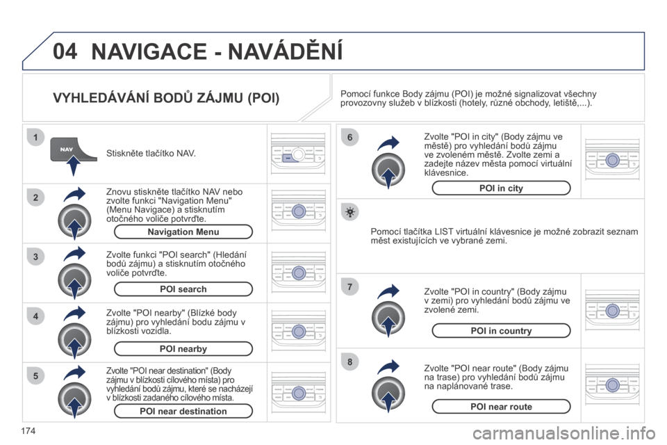 Peugeot 207 CC 2014  Návod k obsluze (in Czech) 174
04
8
6
7
4
3
5
2
1
207cc_cs_Chap11b_RNEG_ed01-2014
 NAVIGACE - NAVÁDĚNÍ 
  VYHLEDÁVÁNÍ BODŮ ZÁJMU (POI) 
  Stiskněte tlačítko NAV.  
  Znovu stiskněte tlačítko NAV nebo zvolte funkci