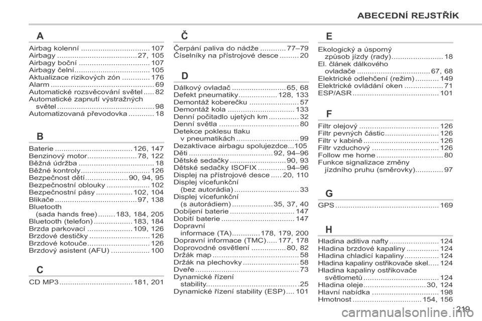 Peugeot 207 CC 2014  Návod k obsluze (in Czech) 219
ABECEDNÍ REJSTŘÍK
207cc_cs_Chap13_Index alpha_ed01-2014
Airbag kolenní ................................107Airbagy .....................................27, 105Airbagy boční ..................