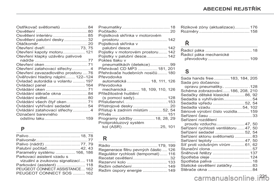 Peugeot 207 CC 2014  Návod k obsluze (in Czech) 221
ABECEDNÍ REJSTŘÍK
207cc_cs_Chap13_Index alpha_ed01-2014
Palivo ..........................................18, 78Palivoměr..........................................77Palivo (nádrž) ...........