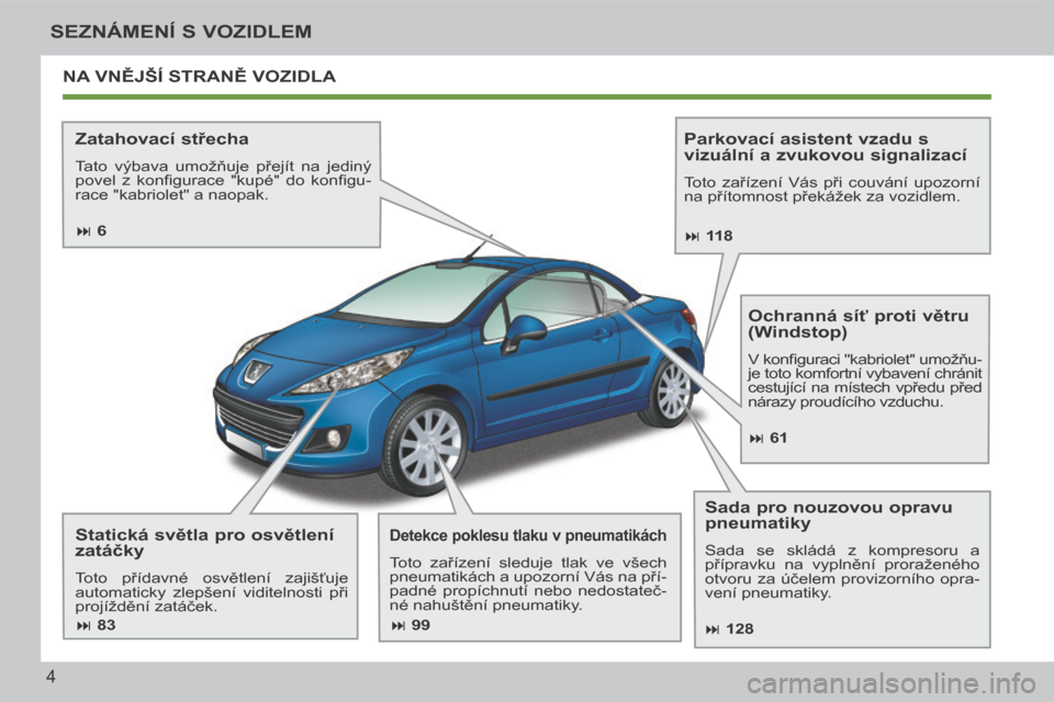 Peugeot 207 CC 2014  Návod k obsluze (in Czech) 4
SEZNÁMENÍ S VOZIDLEM
207cc_cs_Chap00b_prise en main_ed01-2014
NA VNĚJŠÍ STRANĚ VOZIDLA 
  Zatahovací střecha 
 Tato  výbava  umožňuje  přejít  na  jediný 
povel  z  konﬁ gurace  "kup