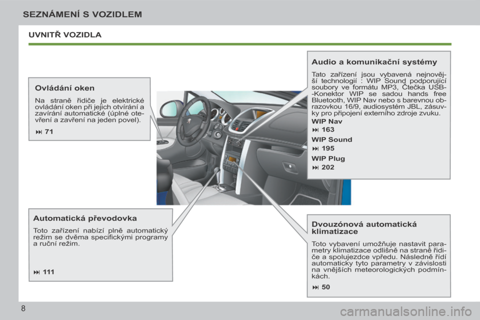 Peugeot 207 CC 2014  Návod k obsluze (in Czech) 8
SEZNÁMENÍ S VOZIDLEM
207cc_cs_Chap00b_prise en main_ed01-2014
 UVNITŘ VOZIDLA 
  Dvouzónová automatická 
klimatizace 
 Toto  vybavení  umožňuje  nastavit  para-
metry klimatizace odlišně 