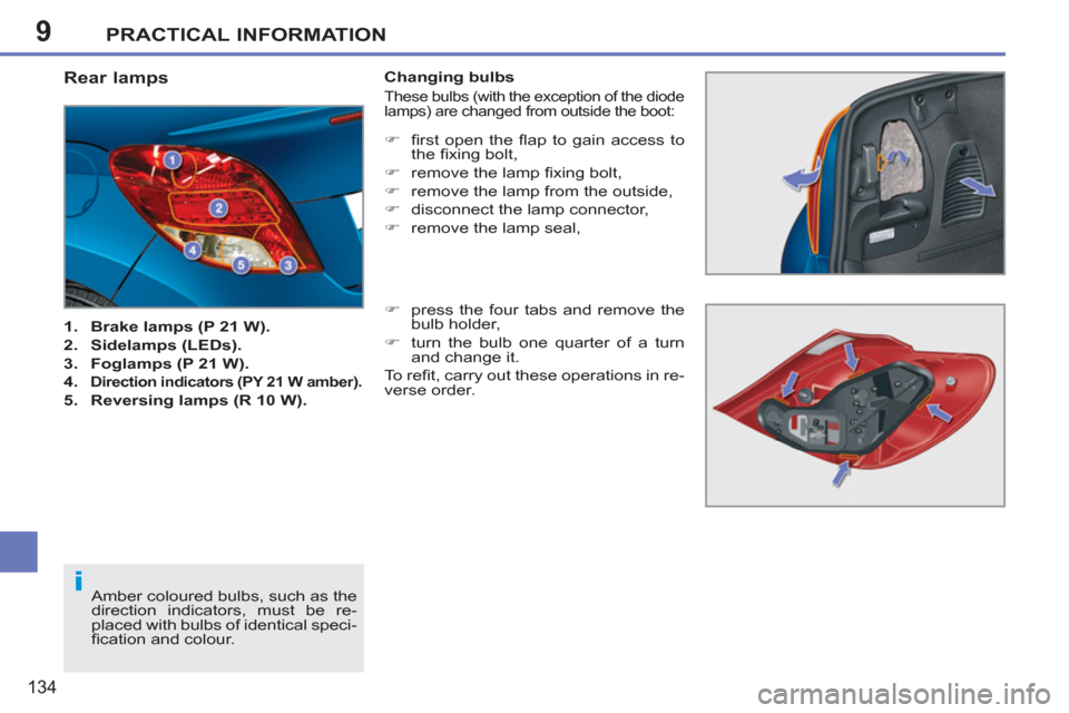 Peugeot 207 CC 2012  Owners Manual 9
i
PRACTICAL INFORMATION
134
Rear lamps
   
 
1. 
  Brake lamps (P 21 W). 
 
   
2. 
  Sidelamps (LEDs). 
 
   
3. 
  Foglamps (P 21 W). 
 
   
4. 
 
 
Direction indicators (PY 21 W amber).   
 
 
5.