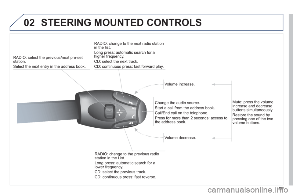 Peugeot 207 CC 2012 Owners Manual 159
02 STEERING MOUNTED CONTROLS
RADIO: select the previous/next pre-set station.
Select the next entr
y in the address book.RADI
O: change to the next radio station in the list.
Lon
g press: auto Peugeot 207 CC 2012 Owners Manual 159
02 STEERING MOUNTED CONTROLS
RADIO: select the previous/next pre-set station.
Select the next entr
y in the address book.RADI
O: change to the next radio station in the list.
Lon
g press: auto