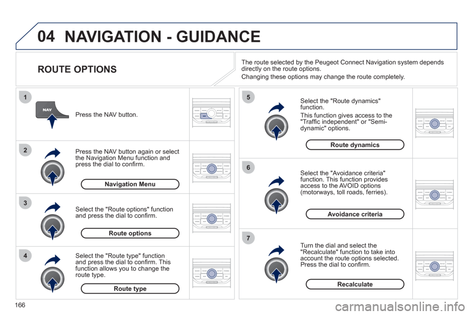 Peugeot 207 CC 2012 Owners Manual 166
04
4
3
2
1
7
6
5
NAVIGATION - GUIDANCE
ROUTE OPTIONS
Select the "Route dynamics"function.
This
function gives access to the "Traffi c independent" or "Semi-
dynamic" options.
Se Peugeot 207 CC 2012 Owners Manual 166
04
4
3
2
1
7
6
5
NAVIGATION - GUIDANCE
ROUTE OPTIONS
Select the "Route dynamics"function.
This
function gives access to the "Traffi c independent" or "Semi-
dynamic" options.
Se