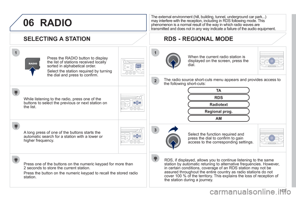 Peugeot 207 CC 2012 Owners Guide 173
06
3 2 1 1
SELECTING A STATION
When the current radio station isdisplayed on the screen, press thedial.
The radio source short-cuts menu appears and provides access to
th Peugeot 207 CC 2012 Owners Guide 173
06
3 2 1 1
SELECTING A STATION
When the current radio station isdisplayed on the screen, press thedial.
The radio source short-cuts menu appears and provides access to
th