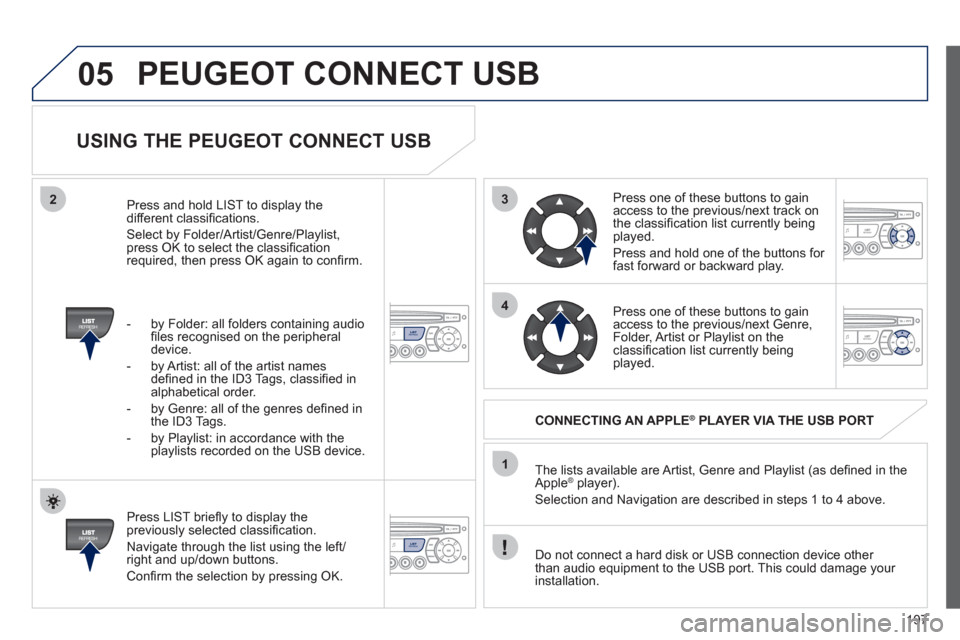 Peugeot 207 CC 2012 Owners Manual 197
3
4
05
2
1
LISTREFRESH
LISTREFRESH
USING THE PEUGEOT CONNECT USB
Press LIST briefl y to display thepreviously selected classifi cation.
Navi
gate through the list using the left/righ Peugeot 207 CC 2012 Owners Manual 197
3
4
05
2
1
LISTREFRESH
LISTREFRESH
USING THE PEUGEOT CONNECT USB
Press LIST briefl y to display thepreviously selected classifi cation.
Navi
gate through the list using the left/righ
