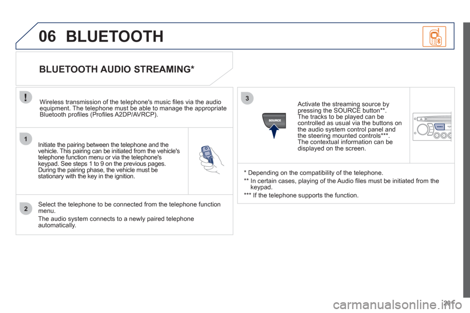 Peugeot 207 CC 2012 Owners Guide 201
1
2
3
SOURCE
06
Initiate the pairing between the telephone and the
vehicle. This pairing can be initiated from the vehicles
telephone function menu or via the telephones
ke
ypad. See steps 1 Peugeot 207 CC 2012 Owners Guide 201
1
2
3
SOURCE
06
Initiate the pairing between the telephone and the
vehicle. This pairing can be initiated from the vehicles
telephone function menu or via the telephones
ke
ypad. See steps 1
