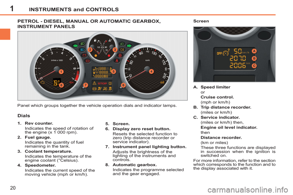 Peugeot 207 CC 2012 Owners Guide 1INSTRUMENTS and CONTROLS
20
PETROL - DIESEL, MANUAL OR AUTOMATIC GEARBOX,
INSTRUMENT PANELS
Panel which groups together the vehicle operation dials and indicator lamps.
5.
Screen.
6 Peugeot 207 CC 2012 Owners Guide 1INSTRUMENTS and CONTROLS
20
PETROL - DIESEL, MANUAL OR AUTOMATIC GEARBOX,
INSTRUMENT PANELS
Panel which groups together the vehicle operation dials and indicator lamps.
5.
Screen.
6