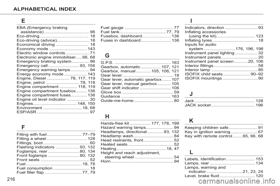 Peugeot 207 CC 2012 User Guide 216
ALPHABETICAL INDEX
Labels, identification.......................153Lamps, rear....................................r134Lamps, warning andindicator.............................r21,23,24Level, brake 