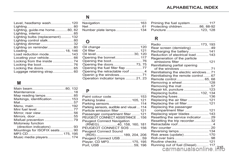 Peugeot 207 CC 2012  Owners Manual 217
ALPHABETICAL INDEX
Level, headlamp wash....................120Lighting .............................................80Lighting, guide-me home............80,82Lighting, interior....................