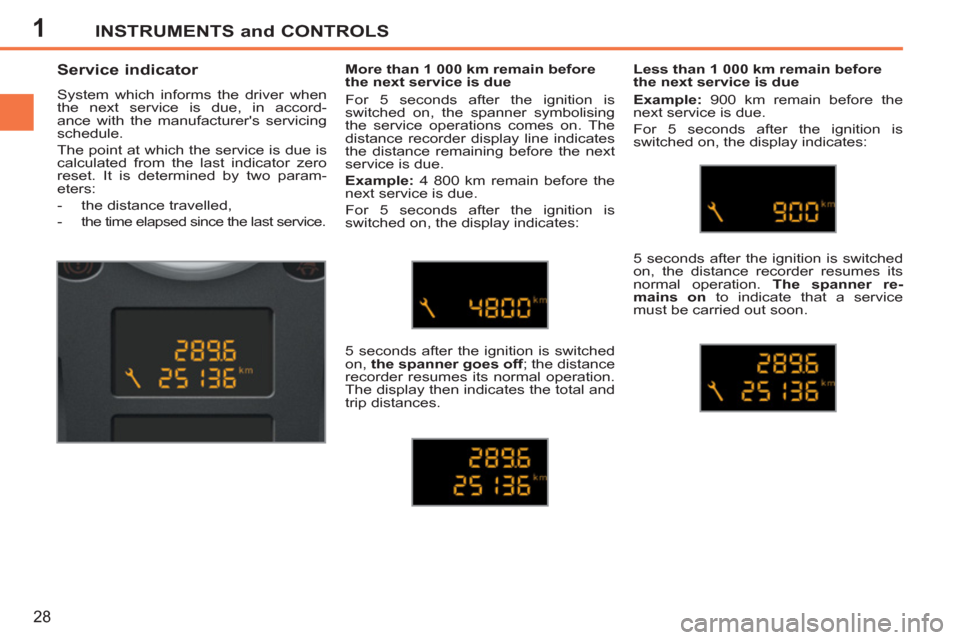 Peugeot 207 CC 2012  Owners Manual 1INSTRUMENTS and CONTROLS
28
   
 
 
 
 
 
 
 
 
Service indicator 
 
System which informs the driver when 
the next service is due, in accord-
ance with the manufacturers servicing 
schedule. 
  The