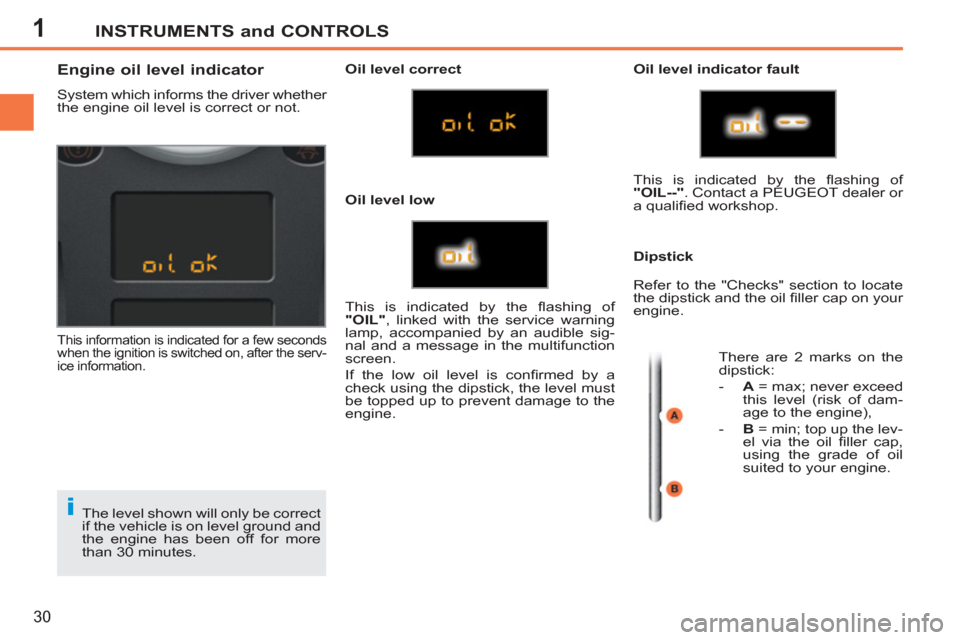 Peugeot 207 CC 2012  Owners Manual 1
i
INSTRUMENTS and CONTROLS
30
  The level shown will only be correct 
if the vehicle is on level ground and 
the engine has been off for more 
than 30 minutes. 
   
 
 
 
 
 
 
 
 
 
 
 
 
 
 
Engin