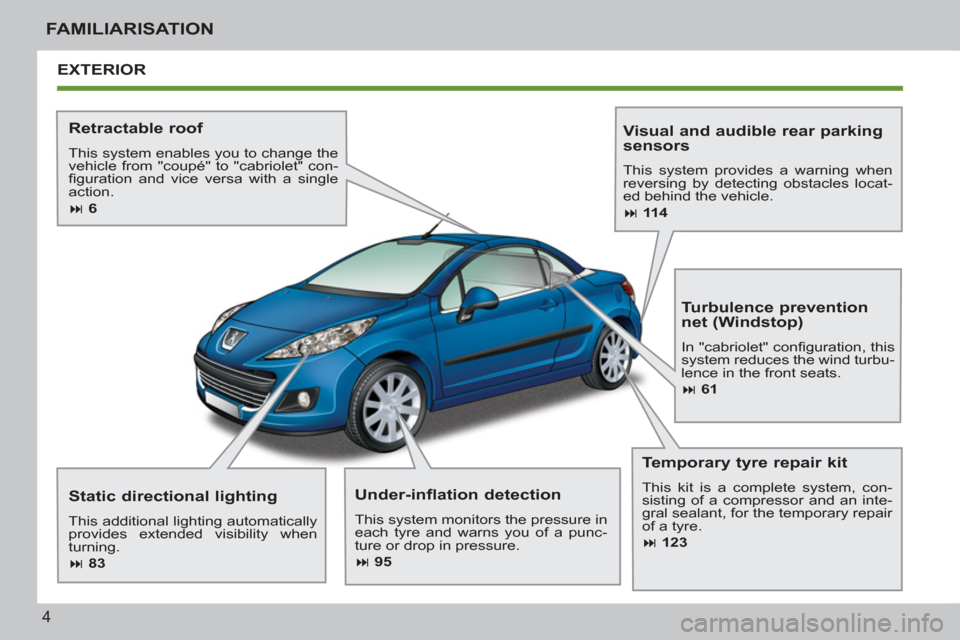 Peugeot 207 CC 2012  Owners Manual 4
FAMILIARISATION
EXTERIOR
   
Retractable roof 
 
This system enables you to change the 
vehicle from "coupé" to "cabriolet" con-
ﬁ guration and vice versa with a single 
action. 
   
 
� 
 6  
 