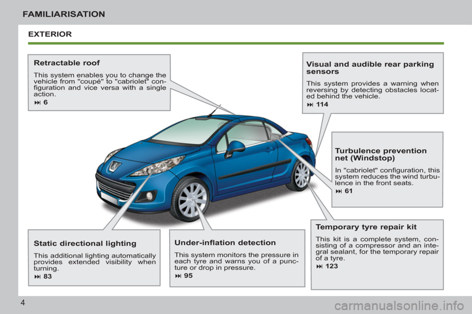 Peugeot 207 CC 2012  Owners Manual 4
FAMILIARISATION
EXTERIOR
   
Retractable roof 
 
This system enables you to change the 
vehicle from "coupé" to "cabriolet" con-
ﬁ guration and vice versa with a single 
action. 
   
 
� 
 6  
 