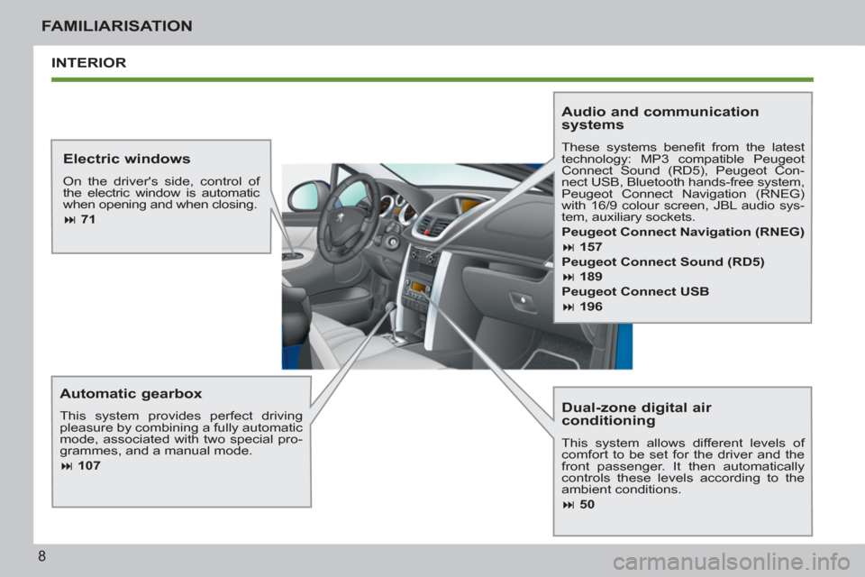 Peugeot 207 CC 2012  Owners Manual 8
FAMILIARISATION
  INTERIOR
   
Dual-zone digital air 
conditioning 
  This system allows different levels of 
comfort to be set for the driver and the 
front passenger. It then automatically 
contro