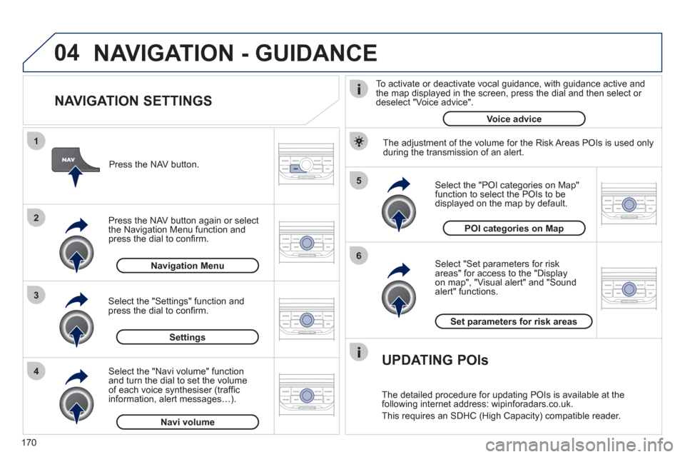 Peugeot 207 CC 2012  Owners Manual - RHD (UK. Australia) 170
04
5
6
3 2 1
4
   
NAVIGATION SETTINGS 
 
 
Select "Set parameters for risk
areas" for access to the "Display 
on map", "Visual alert" and "Soundalert" functions.    
Select the "POI categories on