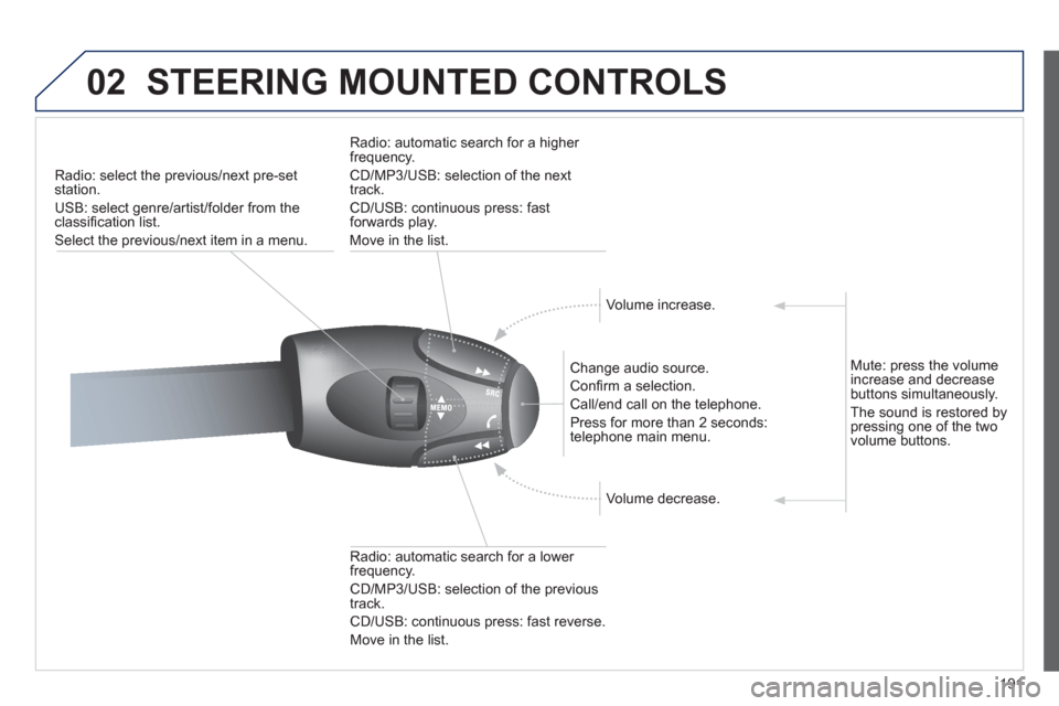 Peugeot 207 CC 2012  Owners Manual - RHD (UK. Australia) 191
02STEERING MOUNTED CONTROLS 
Radio: select the previous/next pre-setstation. 
U
SB: select genre/artist/folder from the classiﬁ cation list.
Select the previous/next item in a menu.  
   
Chan
g