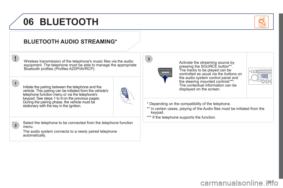Peugeot 207 CC 2012  Owners Manual - RHD (UK. Australia) 201
1
2
3
SOURCE
06
   
Initiate the pairing between the telephone and the
vehicle. This pairing can be initiated from the vehicles
telephone function menu or via the telephones
ke
ypad. See steps 1
