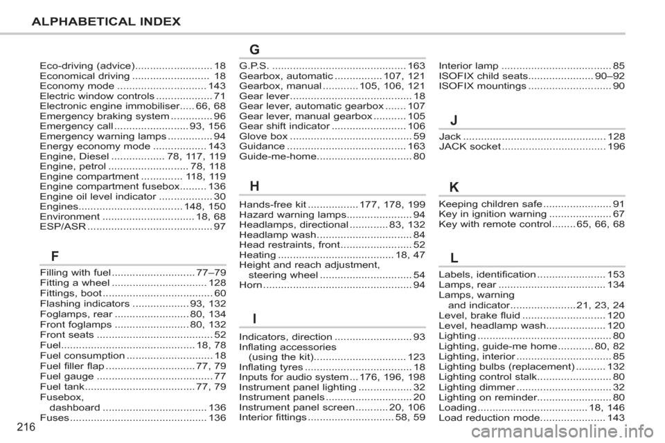 Peugeot 207 CC 2012  Owners Manual - RHD (UK. Australia) 216
ALPHABETICAL INDEX
Jack ................................................128JACK socket ...................................196
Keeping children safe .......................91Key in ignition warning