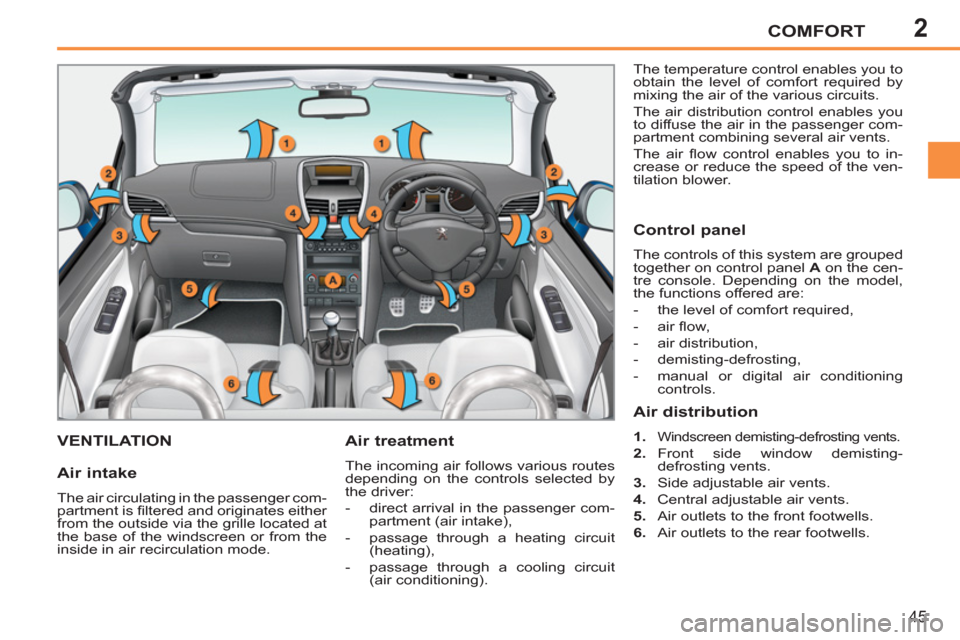 Peugeot 207 CC 2012  Owners Manual - RHD (UK. Australia) 2COMFORT
45
VENTILATION   
Air treatment 
 
The incoming air follows various routes 
depending on the controls selected by 
the driver: 
   
 
-   direct arrival in the passenger com-
partment (air in