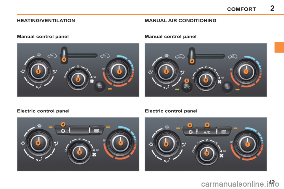 Peugeot 207 CC 2012   - RHD (UK. Australia) Service Manual 2COMFORT
47
HEATING/VENTILATION
   
Manual control panel  
   
Electric control panel  MANUAL AIR CONDITIONING
   
Manual control panel  
   
Electric control panel   