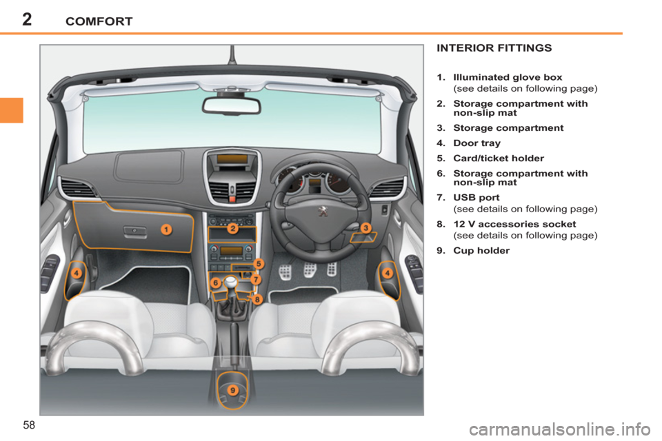 Peugeot 207 CC 2012  Owners Manual - RHD (UK. Australia) 2COMFORT
58
INTERIOR FITTINGS
   
 
1. 
  Illuminated glove box 
   
  (see details on following page) 
   
2. 
  Storage compartment with 
non-slip mat 
 
   
3. 
  Storage compartment 
 
   
4. 
  D