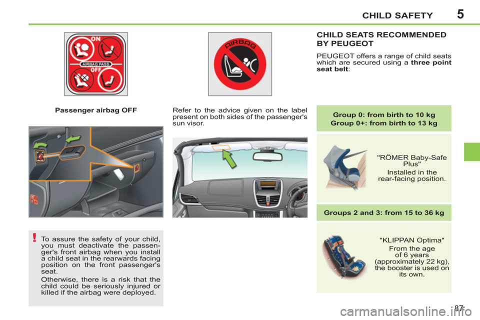 Peugeot 207 CC 2012  Owners Manual - RHD (UK. Australia) 5
!
CHILD SAFETY
87
   
 
Passenger airbag OFF  
 
CHILD SEATS RECOMMENDED 
BY PEUGEOT
 
PEUGEOT offers a range of child seats 
which are secured using a  three point 
seat belt 
: 
   
 
Group 
  0: 