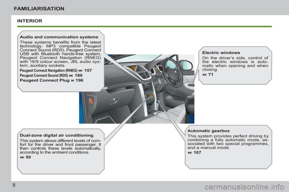 Peugeot 207 CC 2012  Owners Manual - RHD (UK. Australia) 8
FAMILIARISATION
  INTERIOR
 
 
Dual-zone digital air conditioning 
  This system allows different levels of com-
fort for the driver and front passenger. It 
then controls these levels automatically