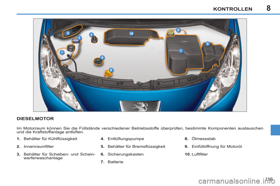 Peugeot 207 CC 2012  Betriebsanleitung (in German) 8KONTROLLEN
119
DIESELMOTOR 
  Im Motorraum können Sie die Füllstände verschiedener Betriebsstoffe überprüfen, bestimmte Komponenten austauschen 
und die Kraftstoffanlage entlüften. 
   
 
1. 
 