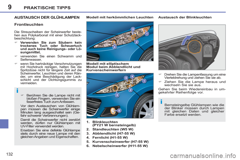 Peugeot 207 CC 2012  Betriebsanleitung (in German) 9
i
i
PRAKTISCHE TIPPS
132
AUSTA USCH DER GLÜHLAMPEN 
   
 
1. 
  Blinkleuchten
(PY21 W bernsteingelb) 
 
   
2. 
  Standleuchten (W5 W) 
 
   
3. 
  Abblendlicht (H7-55 W) 
 
   
4. 
  Fernlicht (H1