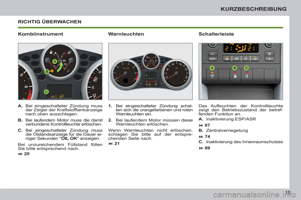 Peugeot 207 CC 2012 Betriebsanleitung (in German) 15
KURZBESCHREIBUNG
RICHTIG ÜBERWACHEN
Kombiinstrument
Schalterleiste
A.
Bei eingeschalteter Zündung muss
der Zeiger der Kraftstofftankanzeige
nach oben ausschlagen.
B.
Be Peugeot 207 CC 2012 Betriebsanleitung (in German) 15
KURZBESCHREIBUNG
RICHTIG ÜBERWACHEN
Kombiinstrument
Schalterleiste
A.
Bei eingeschalteter Zündung muss
der Zeiger der Kraftstofftankanzeige
nach oben ausschlagen.
B.
Be
