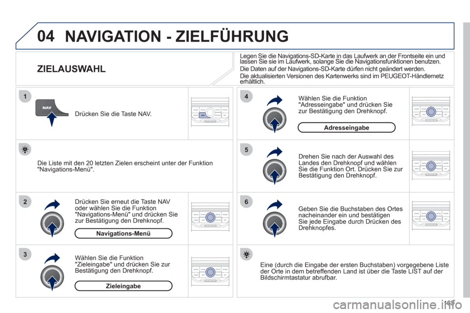 Peugeot 207 CC 2012  Betriebsanleitung (in German) 163
04
1
2
3
5
6
4
  NAVIGATION - ZIELFÜHRUNG
 
 
 
 
 
 
 
 
 
 
 
 
 
 
 
 
ZIELAUSWAHL 
Drücken Sie erneut die Taste NAVoder wählen Sie die Funktion "Navigations-Menü" und drücken Sie 
zur Bes