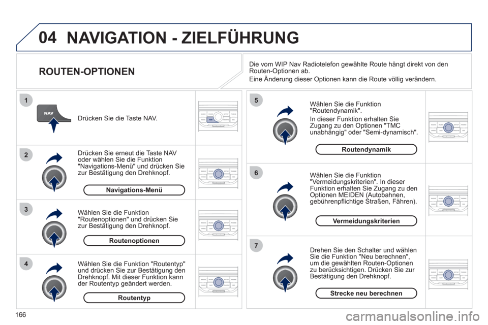 Peugeot 207 CC 2012  Betriebsanleitung (in German) 166
04
4
3
2
1
7
6
5
NAVIGATION - ZIELFÜHRUNG 
   
ROUTEN-OPTIONEN 
 
 
Wählen Sie die Funktion "Routendynamik".
  In dieser Funktion erhalten 
SieZugang zu den Optionen "TMCunabhängig" oder "Semi-