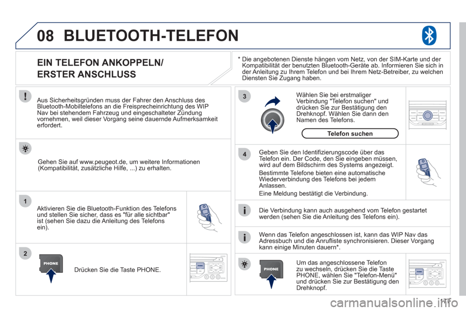 Peugeot 207 CC 2012  Betriebsanleitung (in German) 177
08
1
2
3
4
BLUETOOTH-TELEFON
*  
  Die angebotenen Dienste hängen vom Netz, von der SIM-Karte und der Kompatibilität der benutzten Bluetooth-Geräte ab. Informieren Sie sich in 
der Anleitung zu
