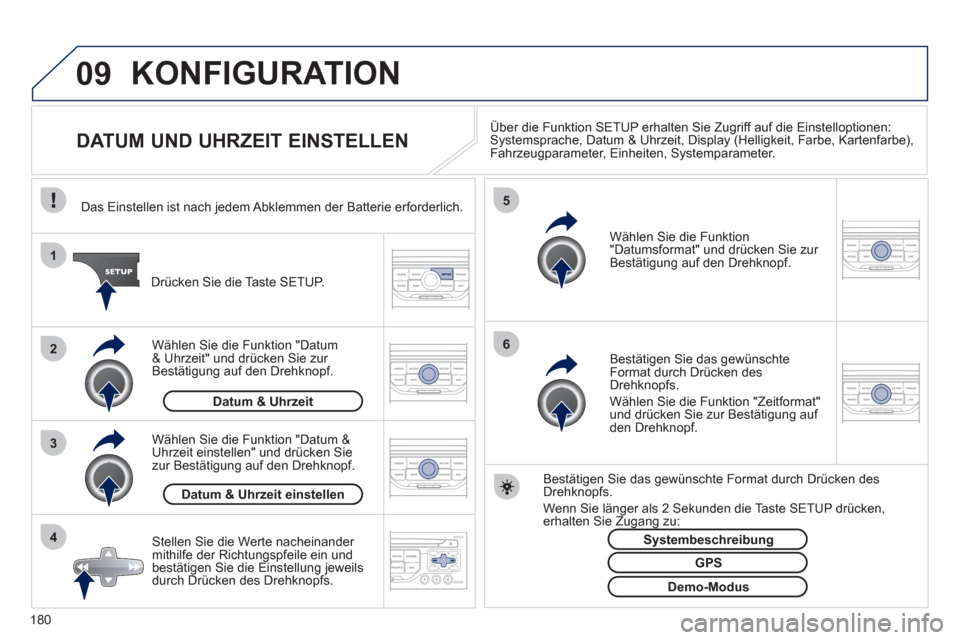 Peugeot 207 CC 2012 Betriebsanleitung (in German) 180
09
4 3 2 1
65
KONFIGURATION
DATUM UND UHRZEIT EINSTELLEN Über die Funktion SETUP erhalten Sie Zugriff auf die Einstelloptionen: Systemsprache, Datum & Uhrzeit, Di Peugeot 207 CC 2012 Betriebsanleitung (in German) 180
09
4 3 2 1
65
KONFIGURATION
DATUM UND UHRZEIT EINSTELLEN Über die Funktion SETUP erhalten Sie Zugriff auf die Einstelloptionen: Systemsprache, Datum & Uhrzeit, Di