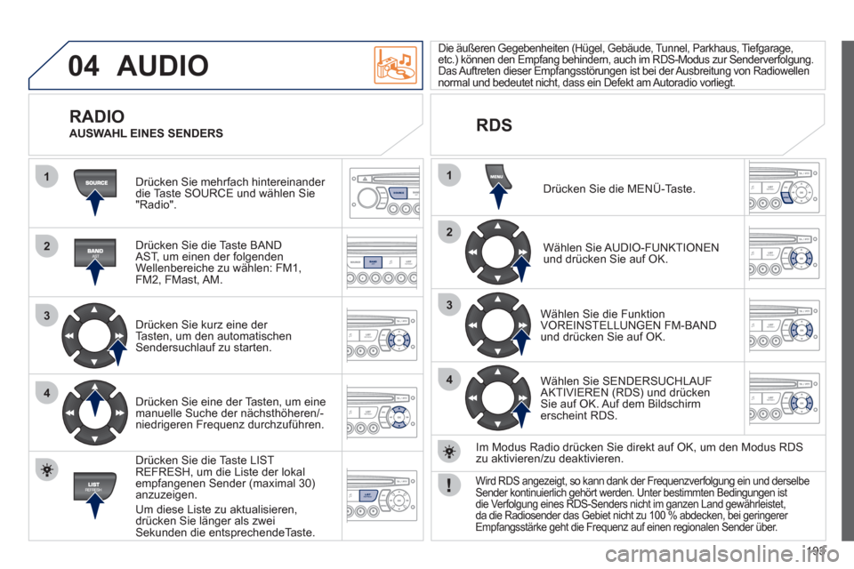 Peugeot 207 CC 2012  Betriebsanleitung (in German) 193
04
1
2
3
4
1
2
3
4
SOURCE
BANDAST
LISTREFRESH
MENU
  AUDIO 
 
Drücken Sie mehrfach hintereinander 
die Taste SOURCE und wählen Sie"Radio".  
   
Drücken 
Sie die Taste BANDAST, um einen der fol