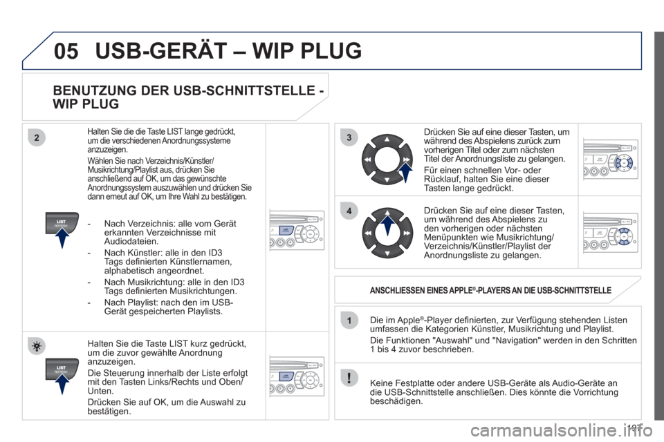 Peugeot 207 CC 2012  Betriebsanleitung (in German) 197
3
4
05
2
1
LISTREFRESH
LISTREFRESH
   
BENUTZUNG DER USB-SCHNITTSTELLE - 
WIP PLUG 
   
Halten Sie die Taste LIST kurz gedrückt,
um die zuvor gewählte Anordnunganzuzeigen. 
  Die 
Steuerung inne