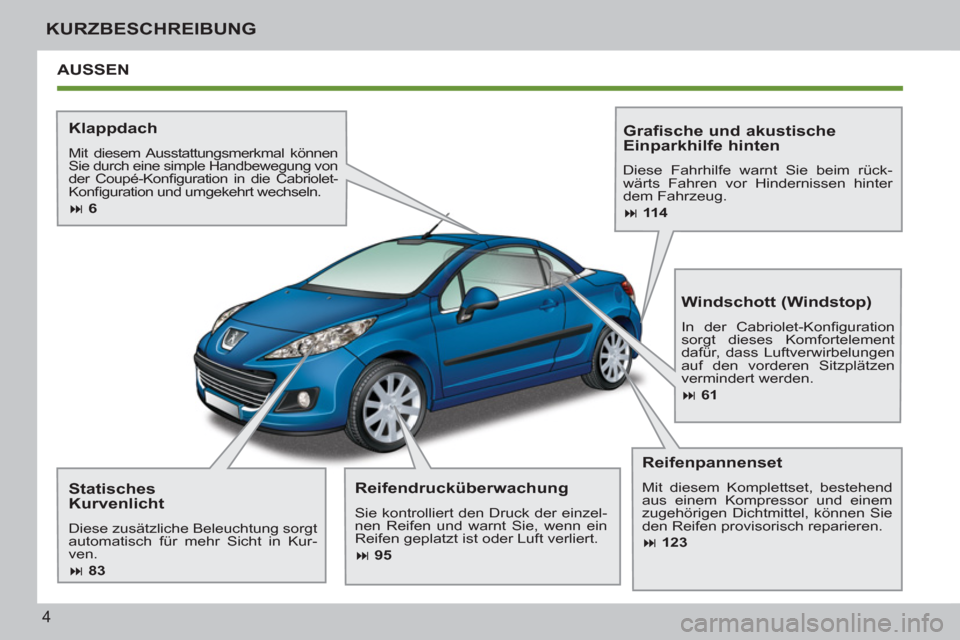 Peugeot 207 CC 2012  Betriebsanleitung (in German) 4
KURZBESCHREIBUNG
AUSSEN 
   
Klappdach 
 
Mit diesem Ausstattungsmerkmal können 
Sie durch eine simple Handbewegung von 
der Coupé-Konﬁ guration in die Cabriolet-
Konﬁ guration und umgekehrt w