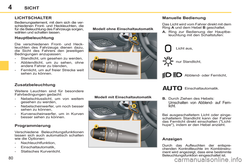 Peugeot 207 CC 2012 Betriebsanleitung (in German) 4
80
SICHT
LICHTSCHALTER
Bedienungselement, mit dem sich die ver-
schiedenen Front- und Heckleuchten, die
für die Beleuchtung des Fahrzeugs sorgen,
wählen und schalten lassen.
Manuelle Bed Peugeot 207 CC 2012 Betriebsanleitung (in German) 4
80
SICHT
LICHTSCHALTER
Bedienungselement, mit dem sich die ver-
schiedenen Front- und Heckleuchten, die
für die Beleuchtung des Fahrzeugs sorgen,
wählen und schalten lassen.
Manuelle Bed