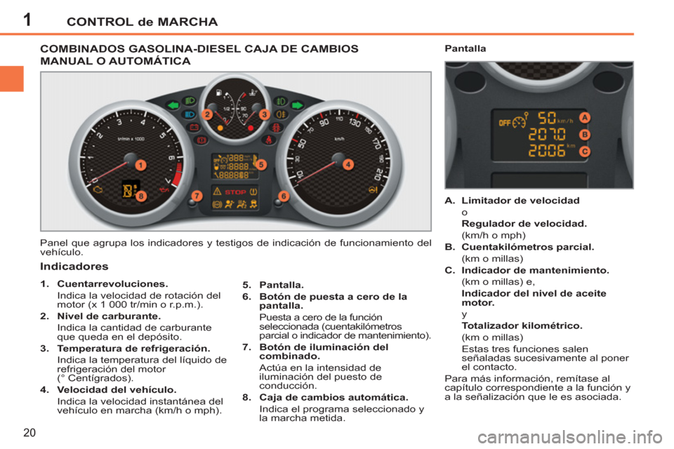 Peugeot 207 CC 2012  Manual del propietario (in Spanish) 1CONTROL de MARCHA
20
COMBINADOS GASOLINA-DIESEL CAJA DE CAMBIOS 
MANUAL O AUTOMÁTICA 
  Panel que agrupa los indicadores y testigos de indicación de funcionamiento del 
vehículo. 
   
5. 
  Pantal