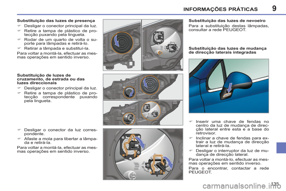 Peugeot 207 CC 2012  Manual do proprietário (in Portuguese) 9INFORMAÇÕES PRÁTICAS
133
   
Substituição das luzes de mudança 
de direcção laterais integradas     
Substituição das luzes de nevoeiro 
  Para a substituição destas lâmpadas, 
consultar